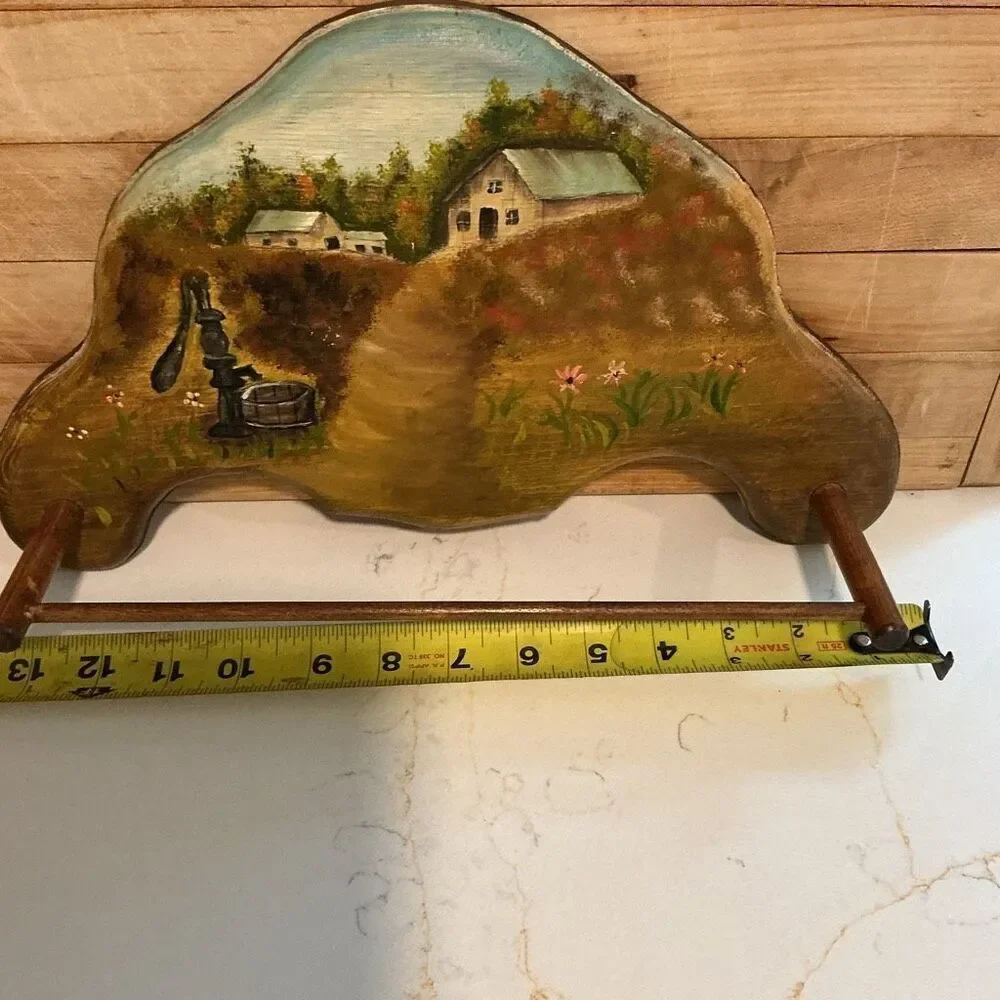 Hand-painted Wooden Towel Rack Cottage scene with flowers water pump
